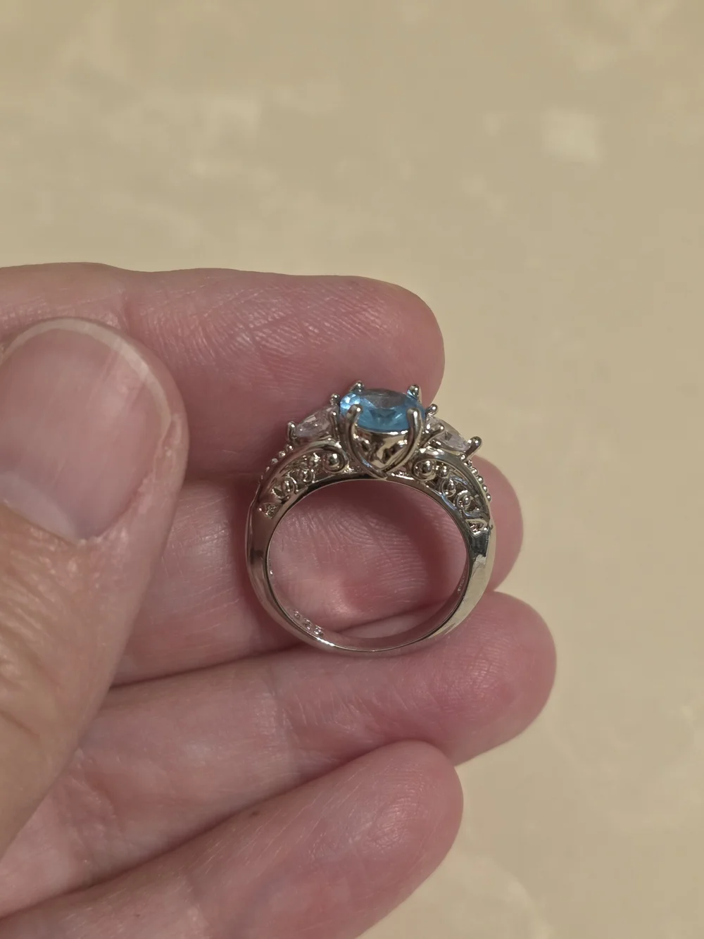 925 Silver CZ and Aquamarine Ring Size 6